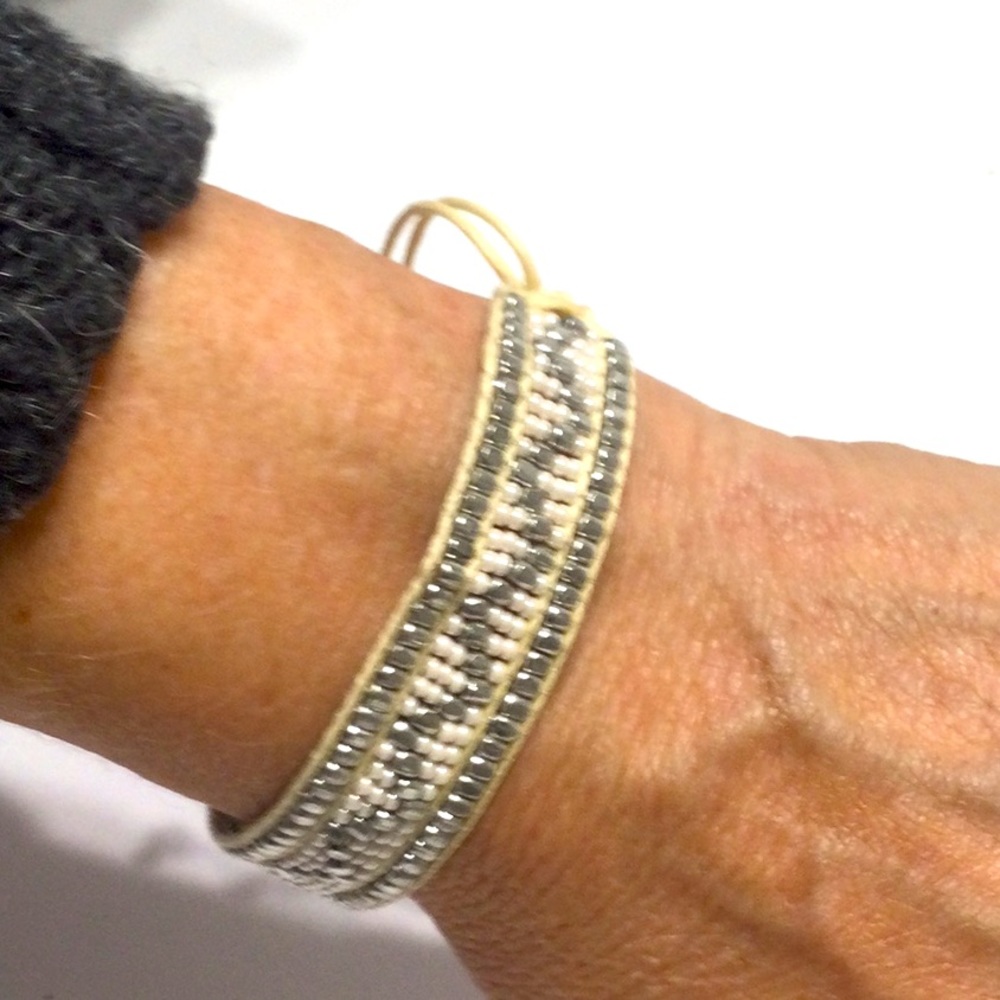 Silver ivory Hippie beaded cotton bracelet boho